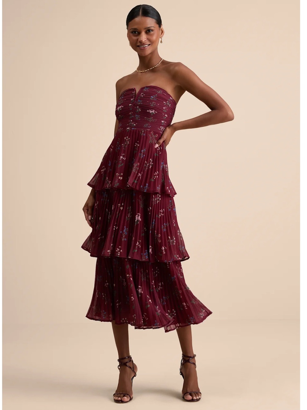 Lulus Hadelyn Wine Red Floral Pleated Tiered Strapless Midi Dress Event NWT XL